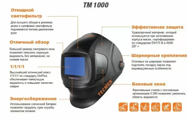 Сварочная маска с автоматическим светофильтром (АСФ) Хамелеон Tecmen TM 1000